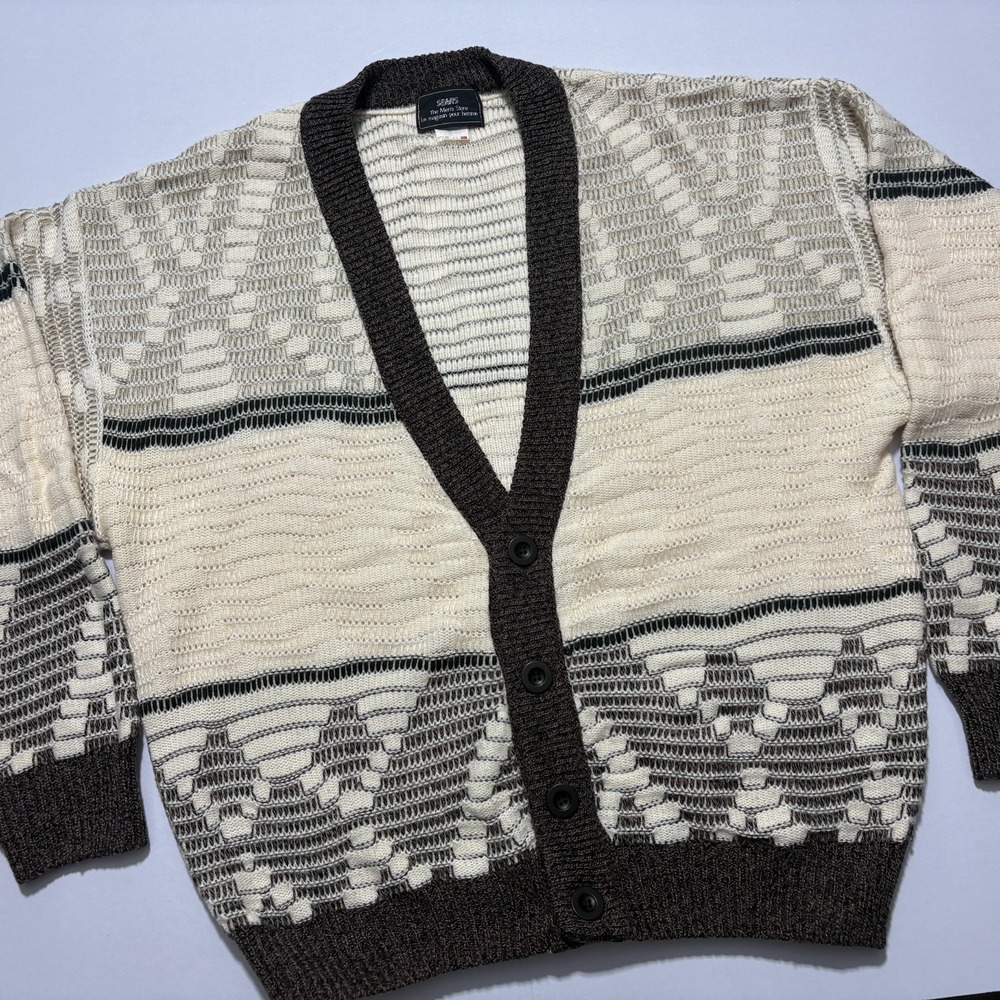 Vintage Sears Mens Store Cardigan Sweater Geometric Wool Blend Knit (Size M~L?)